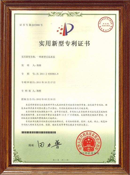 中成泵業(yè)榮獲多項國家實(shí)用新型專(zhuān)利證書(shū)